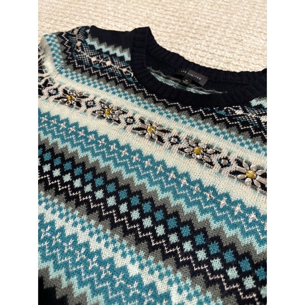 The Limited Wool Fair Isle‎ Jeweled Sweater Crewneck Cozy Winter Size M - Picture 4 of 7